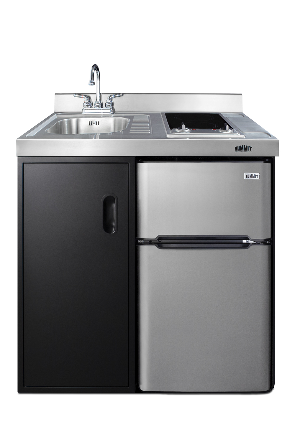 36 inch wide all-in-one kitchenette in black with a 2-burner 115V smooth-top cooktop, 2-door refrigerator-freezer, sink, and storage cabinet